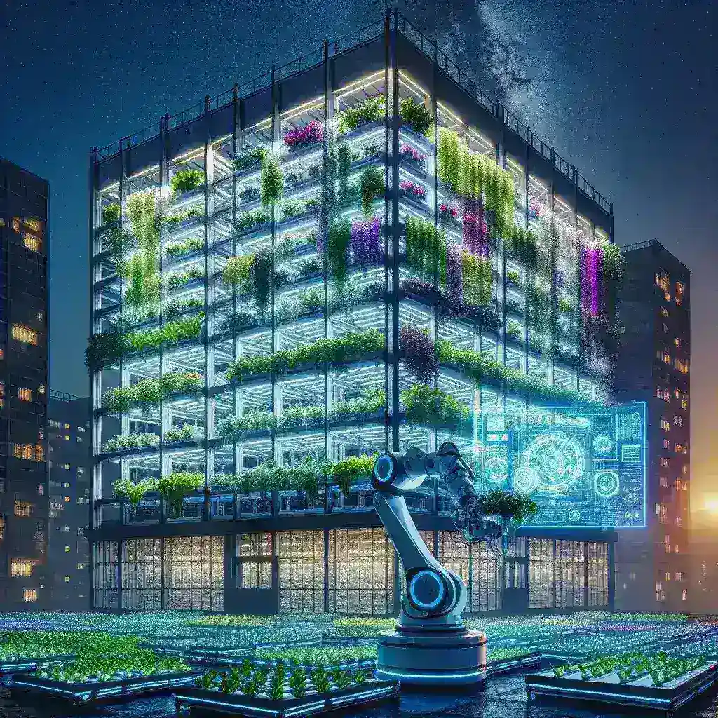 "Vertical Farming Corporation staff utilizing AI technology to optimize plant growth in a modern indoor farm, showcasing innovative cultivation methods for increased profitability."