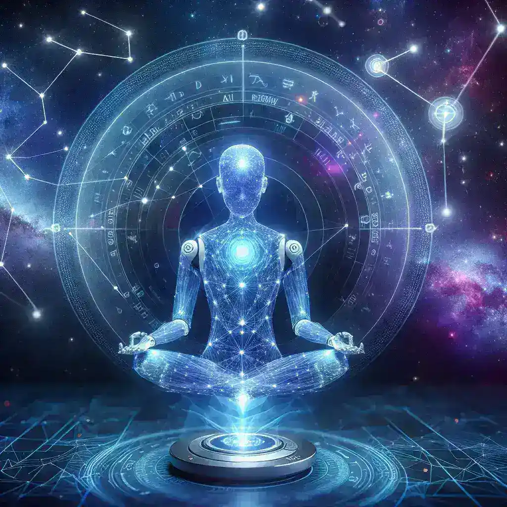 "Astrology-themed AI assistant interface displaying personalized star chart updates and meditation guidance, highlighting the integration of astrology and technology for enhanced mindfulness."